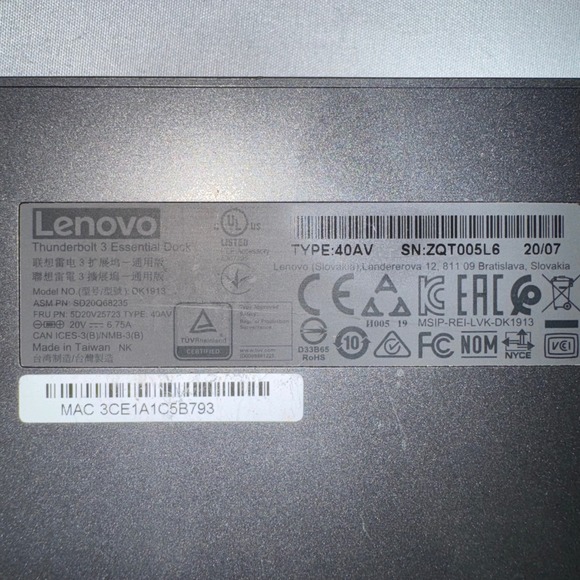 Lenovo Thunderbolt 3 Essential Dock 40AV USB-C HDMI RJ45 Mini Docking Station - Picture 6 of 6